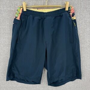 Birddogs Gym Shorts Men Sz M Navy Blue Tropical Waistband Stretch Activewear